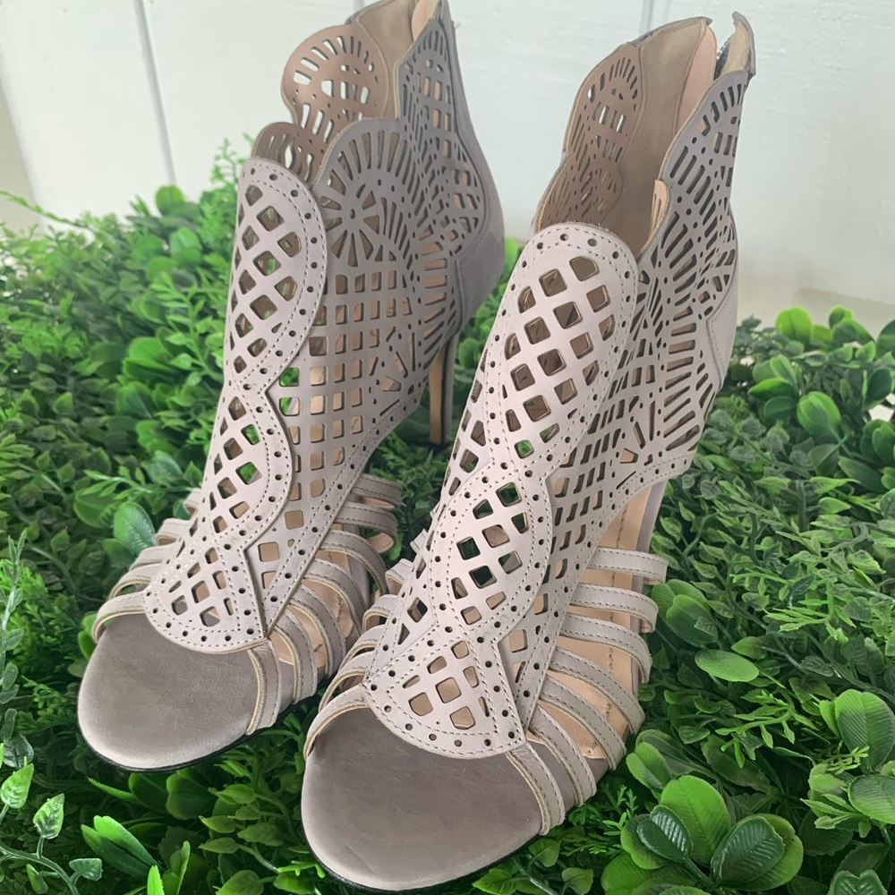 Anthropologie Klub Nico Laser-Cut Heels in Taupe